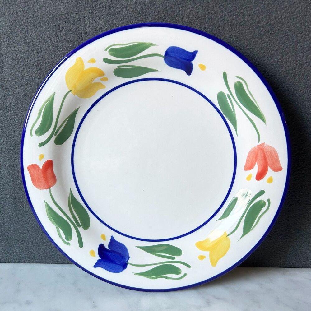 Dansk Tulip Dinner Plate 11" Blue Red Yellow Floral Rim Indonesia Discontinued